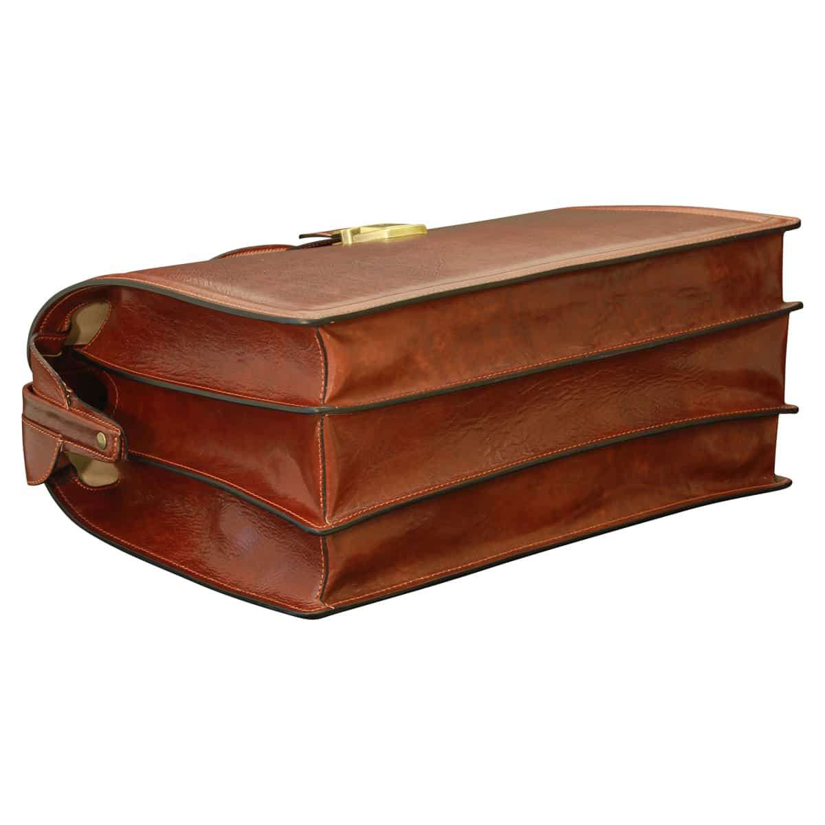 Leather Briefcase With 3 Compartments - Brown
