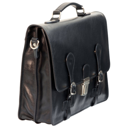 Leather Briefcase With Buckle Closures - Black