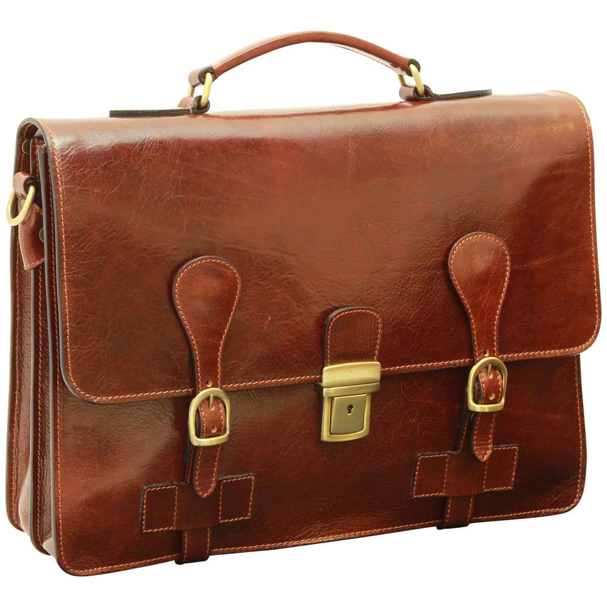 Leather Briefcase With Buckle Closures - Brown