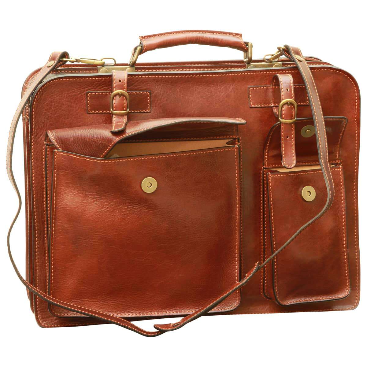 Leather Briefcase With Belt Straps - Brown