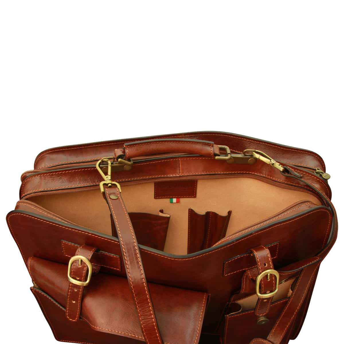 Leather Briefcase With Front Pockets (Magnetic Lock) - Brown
