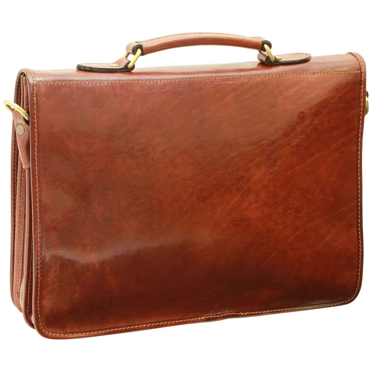 Cowhide Leather Full Length Flap Briefcase - Brown