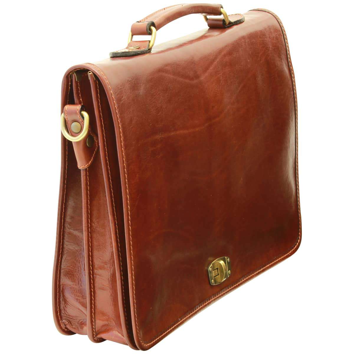 Cowhide Leather Full Length Flap Briefcase - Brown