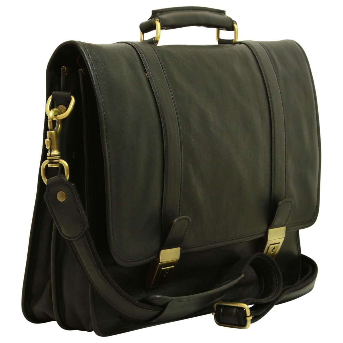 Soft Calfskin Leather Briefcase With Shoulder Strap - Black