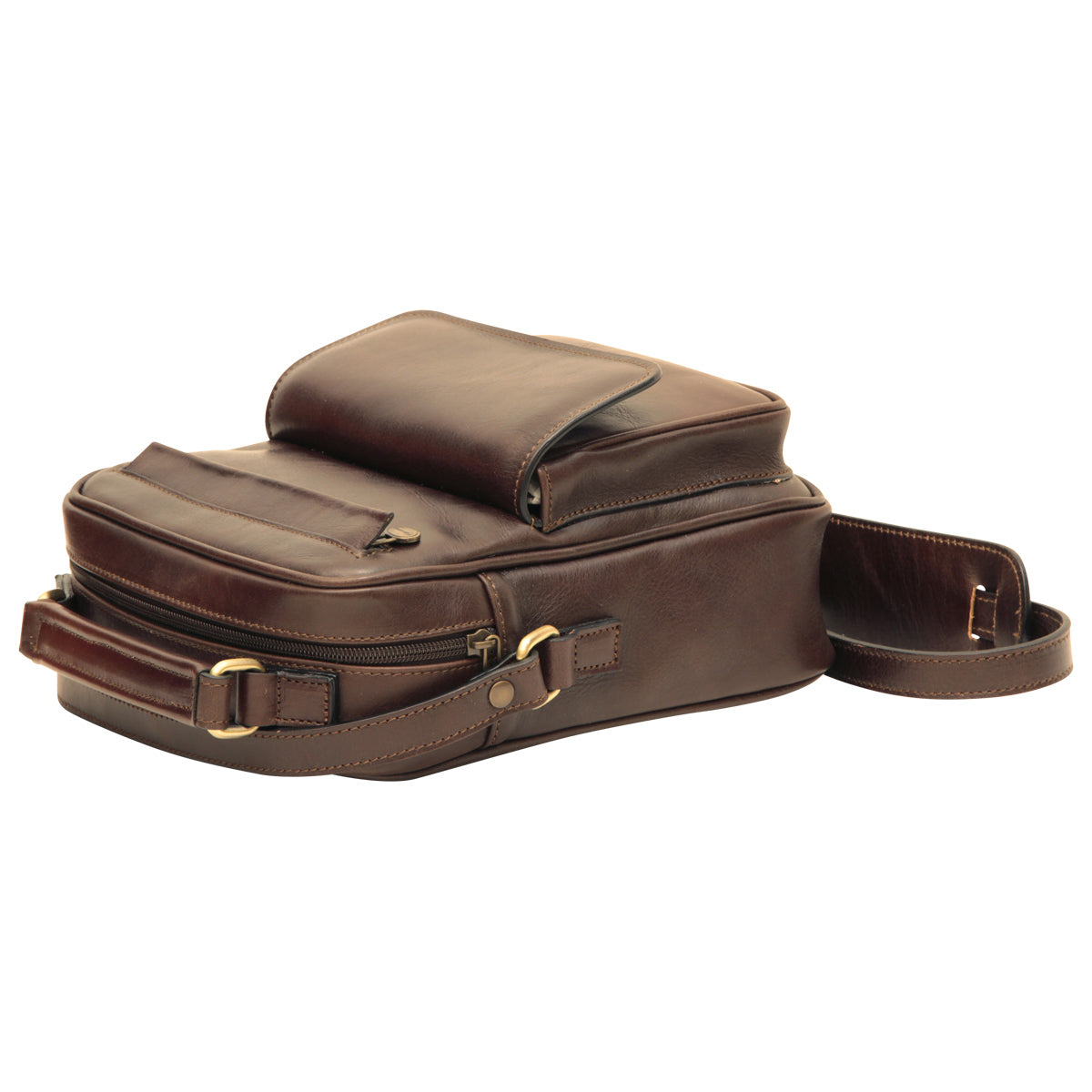 Leather Shoulder Bag With Front Pocket - Dark Brown