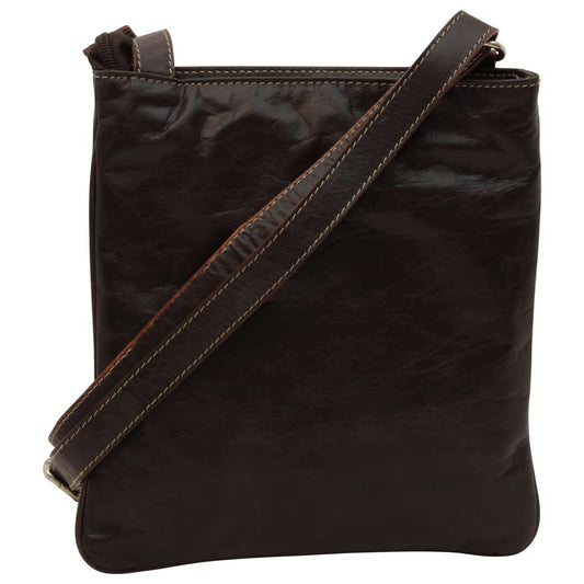 Leather Cross Body Bag With Zip Pocket - Dark Brown