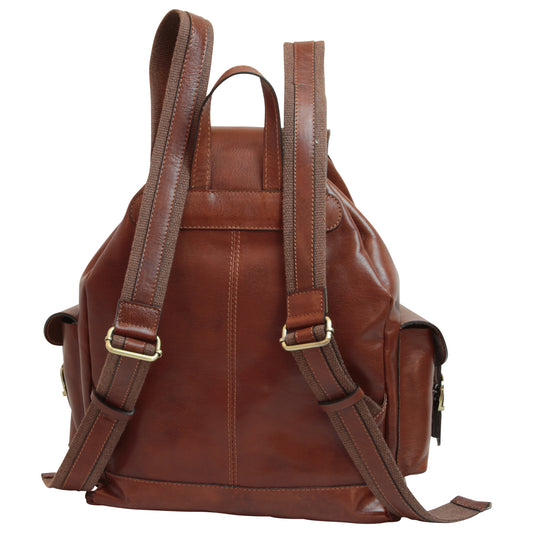 Leather Backpack With 3 Exterior Pockets - Brown