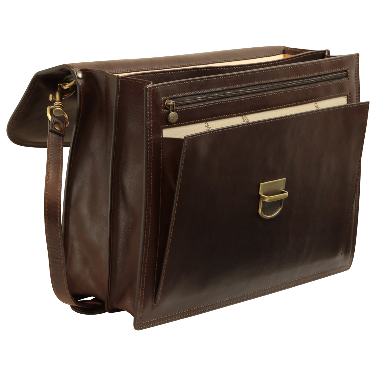 Briefcase With Leather Shoulder Strap - Dark Brown