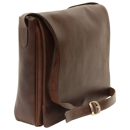 Cowhide Leather Messenger Bag - Dark Brown