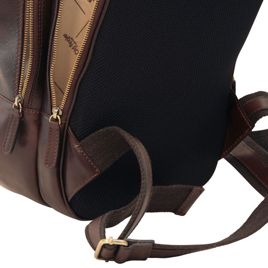 Leather Backpack With Exterior Zip Pockets - Dark Brown