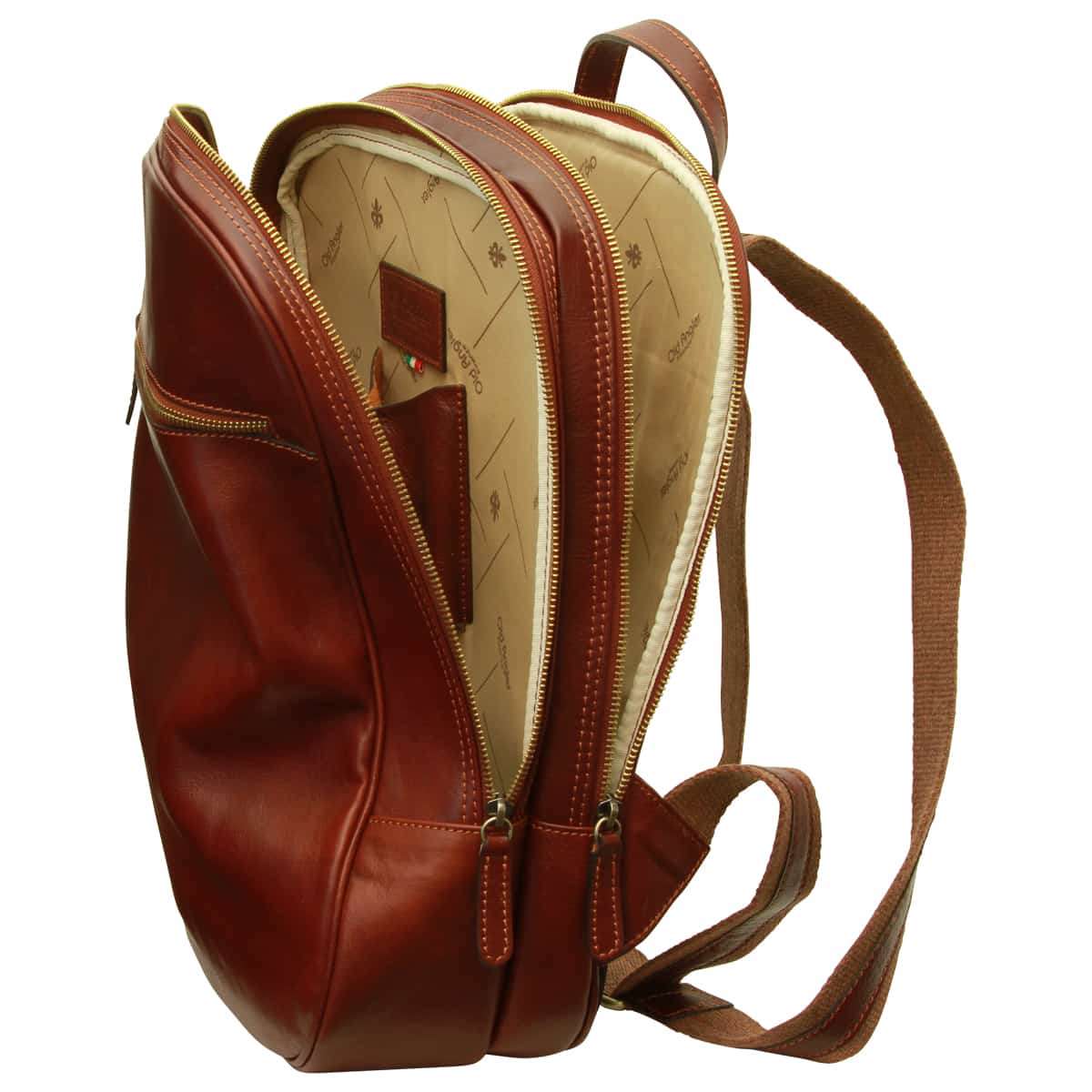 Leather Backpack With Exterior Zip Pockets - Brown