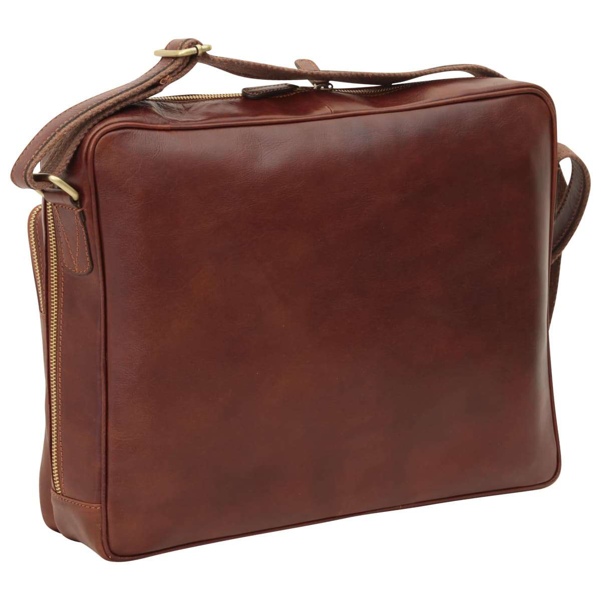 Large Leather Bag With Zip Closures - Brown