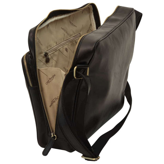 Large Leather Bag With Zip Closures - Black