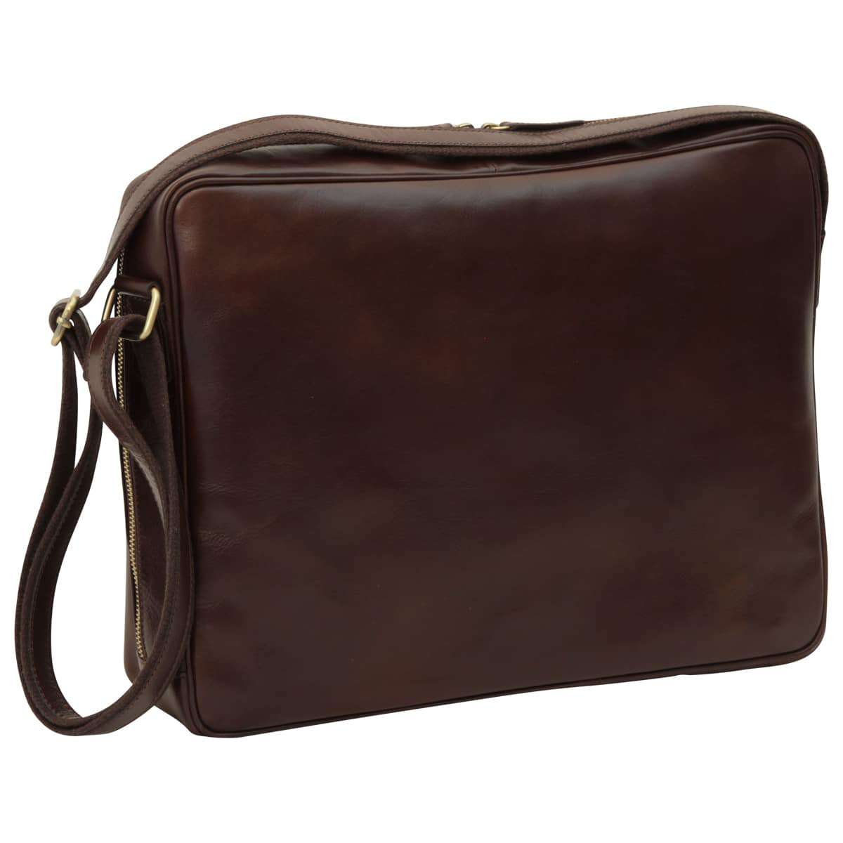 Large Leather Bag With Zip Closures - Dark Brown