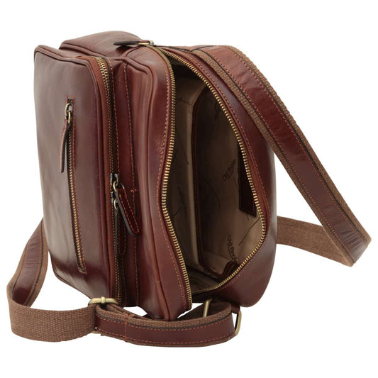 Small Leather Bag With Zip Closures - Brown
