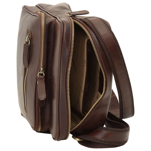 Small Leather Bag With Zip Closures - Dark Brown