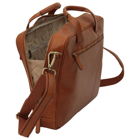 Leather Briefcase With Zip Closure - Brown Colonial