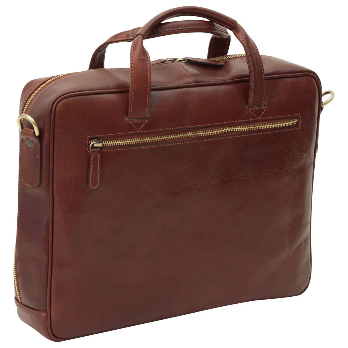 Leather Briefcase With Zip Closure - Brown