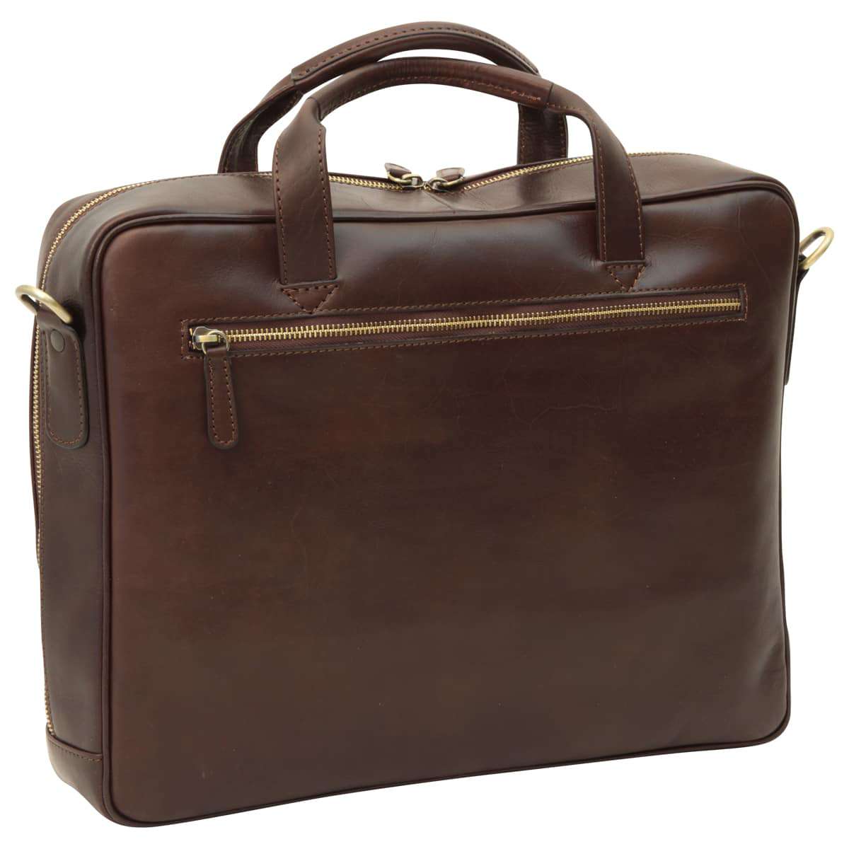 Leather Briefcase With Zip Closure - Dark Brown