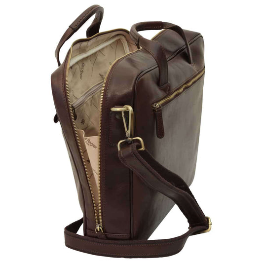 Leather Briefcase With Zip Closure - Dark Brown