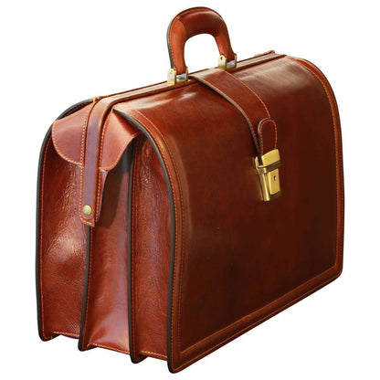 Leather Briefcase With 3 Compartments - Brown