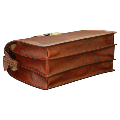 Leather Briefcase With 3 Compartments - Brown