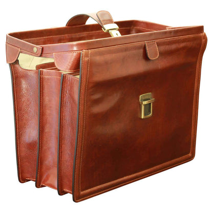 Leather Briefcase With 3 Compartments - Brown