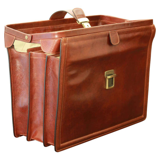Leather Briefcase With 3 Compartments - Brown
