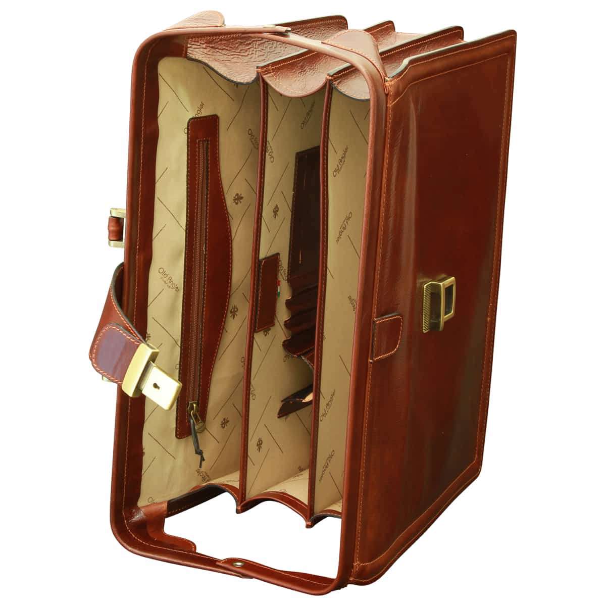Leather Briefcase With 3 Compartments - Brown