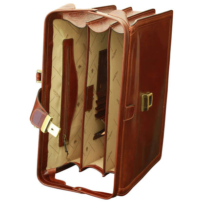 Leather Briefcase With 3 Compartments - Brown