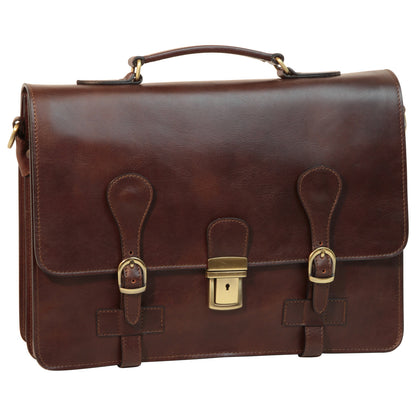 Leather Briefcase With Buckle Closures - Dark Brown