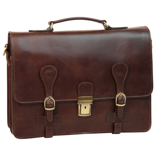 Leather Briefcase With Buckle Closures - Dark Brown