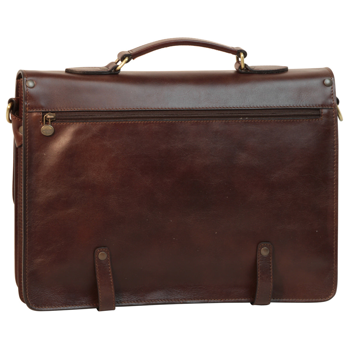 Leather Briefcase With Buckle Closures - Dark Brown
