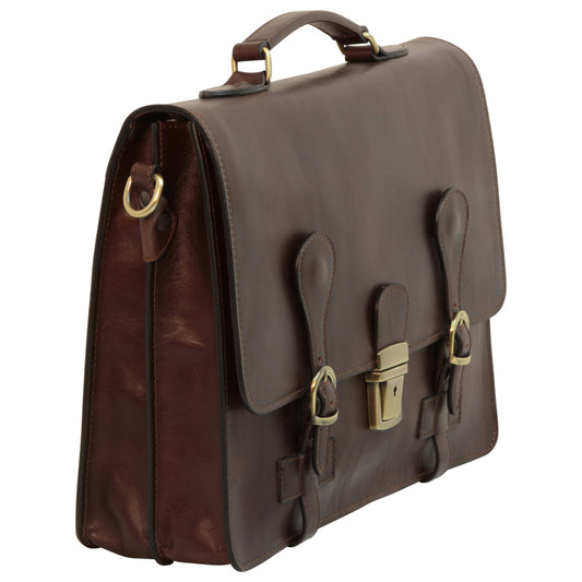 Leather Briefcase With Buckle Closures - Dark Brown