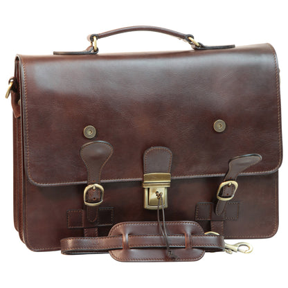 Leather Briefcase With Buckle Closures - Dark Brown