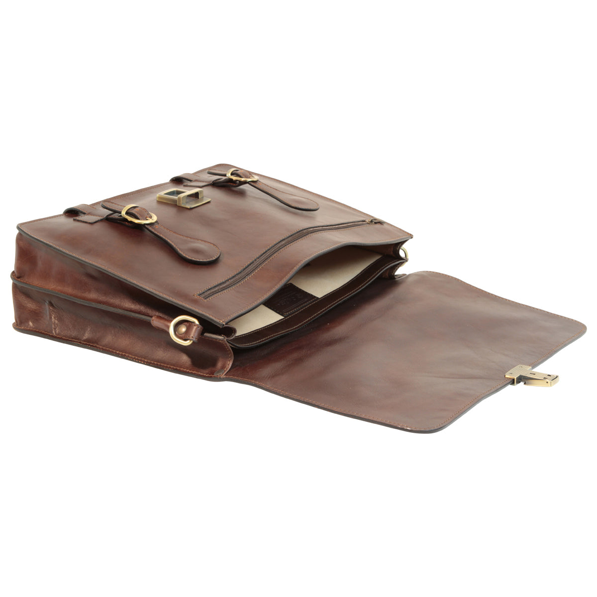 Leather Briefcase With Buckle Closures - Dark Brown