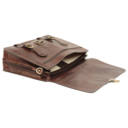 Leather Briefcase With Buckle Closures - Dark Brown