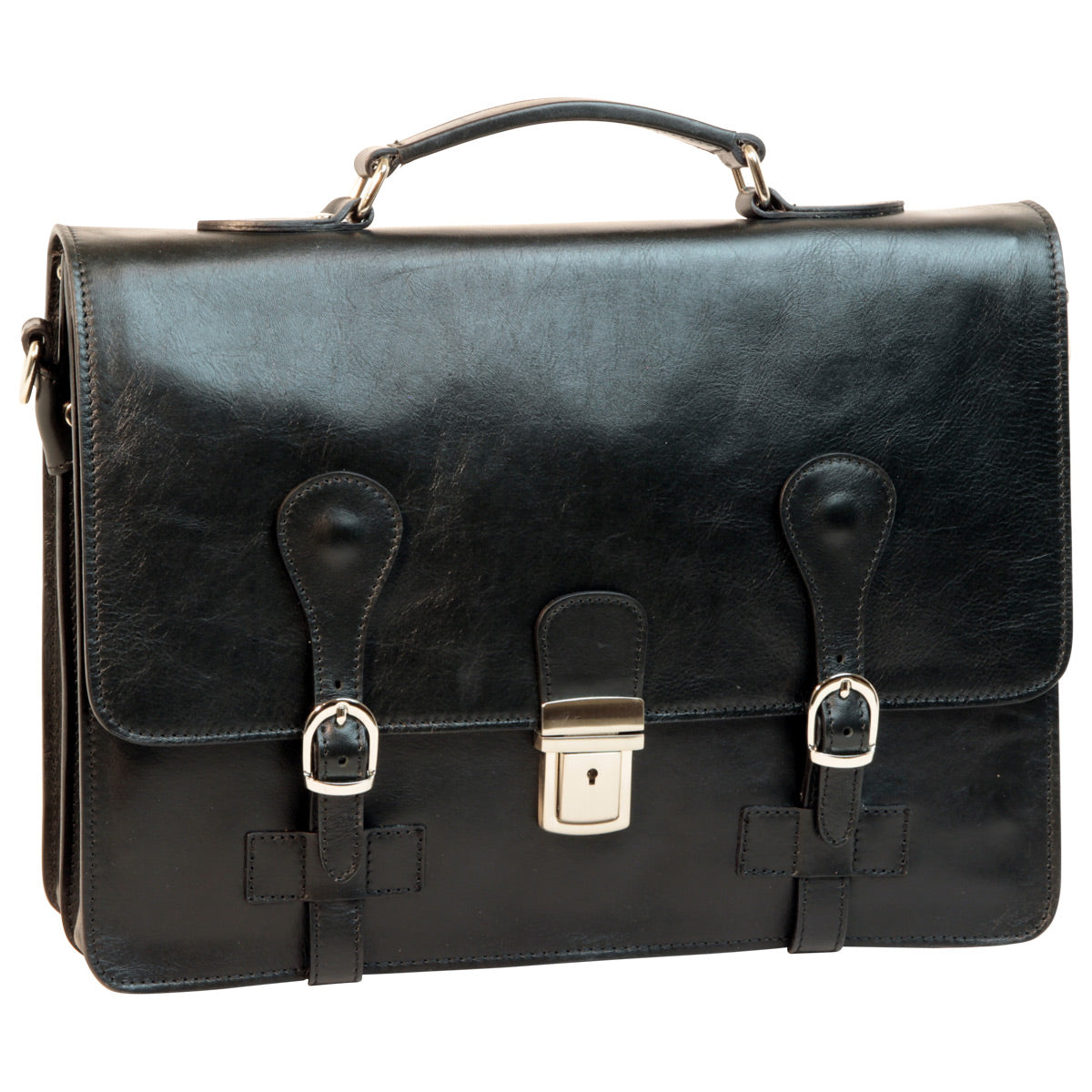 Leather Briefcase With Buckle Closures - Black