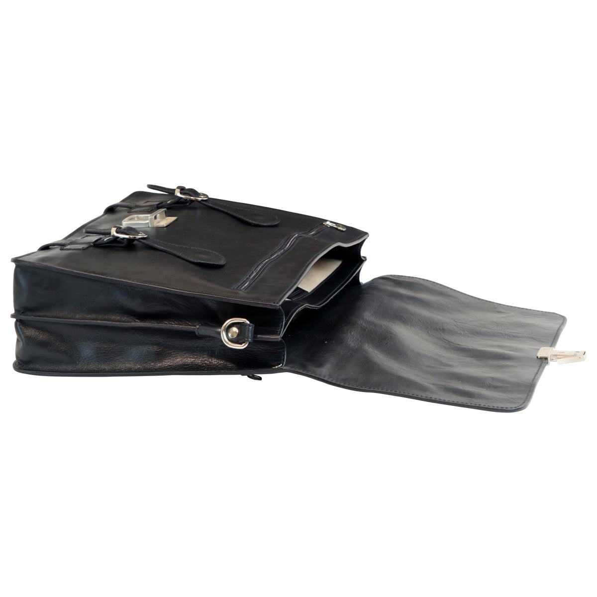 Leather Briefcase With Buckle Closures - Black