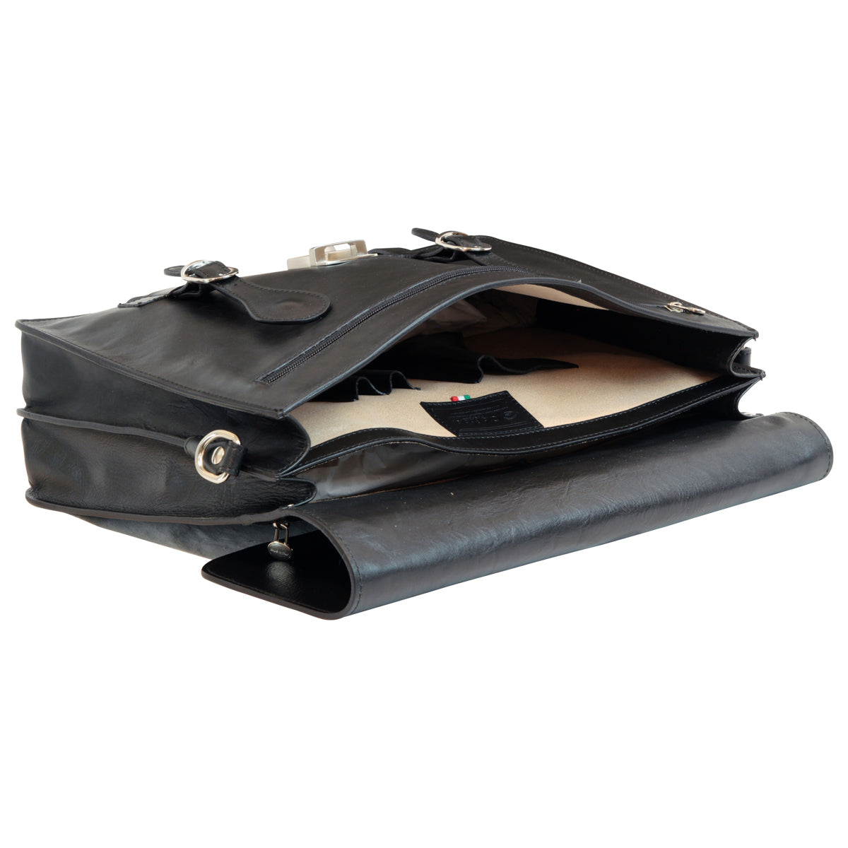 Leather Briefcase With Buckle Closures - Black