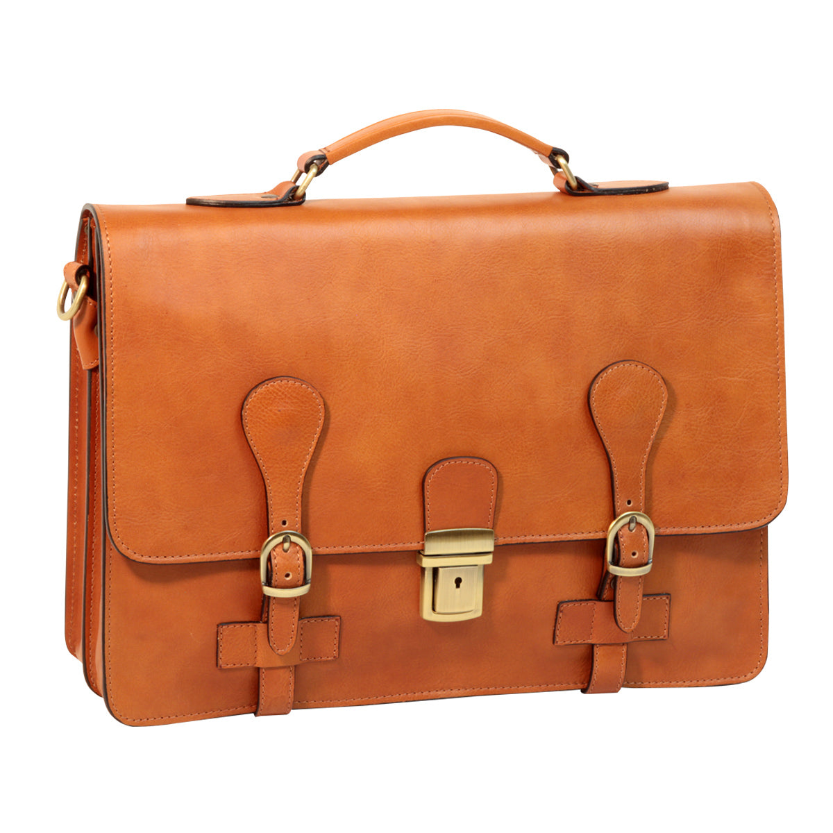 Leather Briefcase With Buckle Closures - Brown Colonial