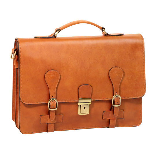 Leather Briefcase With Buckle Closures - Brown Colonial
