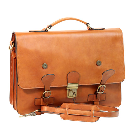 Leather Briefcase With Buckle Closures - Brown Colonial