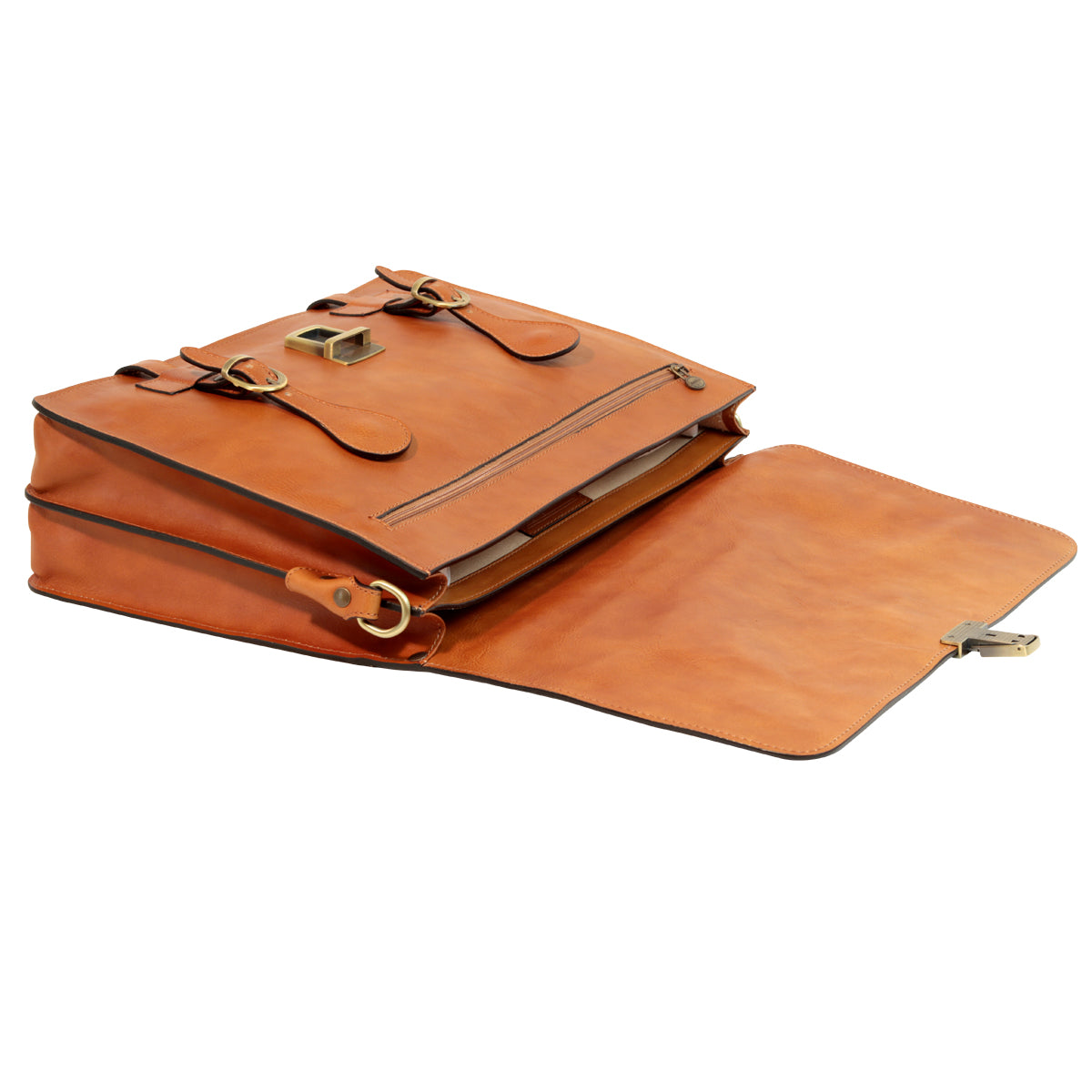 Leather Briefcase With Buckle Closures - Brown Colonial
