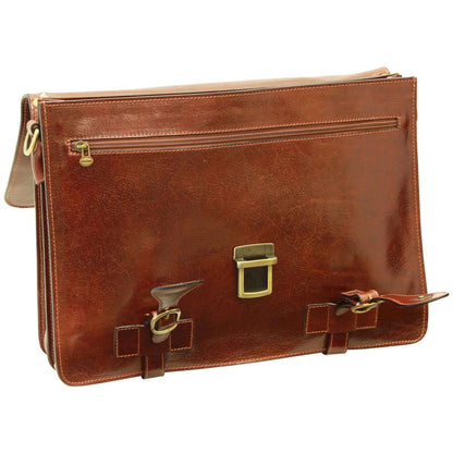 Leather Briefcase With Buckle Closures - Brown