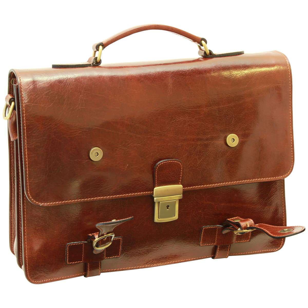 Leather Briefcase With Buckle Closures - Brown