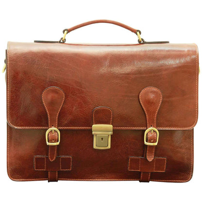 Leather Briefcase With Buckle Closures - Brown