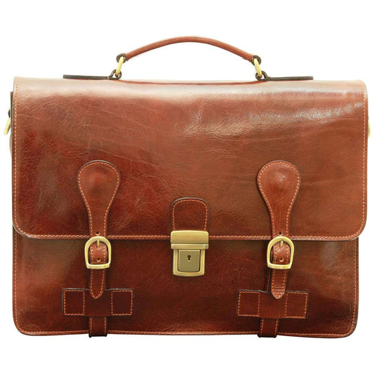 Leather Briefcase With Buckle Closures - Brown