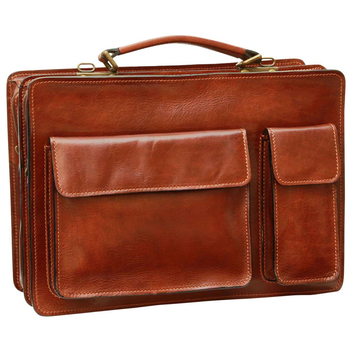 Leather Briefcase With 2 Front Pockets - Brown