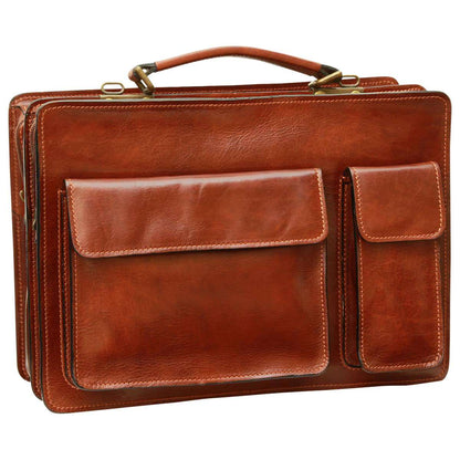 Leather Briefcase With 2 Front Pockets - Brown
